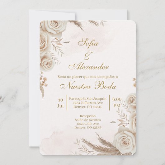 ベージュのボホ フラワー スペイン 結婚式 招待状 (正面)