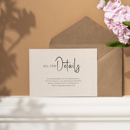 ベージュのリネン シンプル ブラック スクリプト ウェディング ディテール 招待状