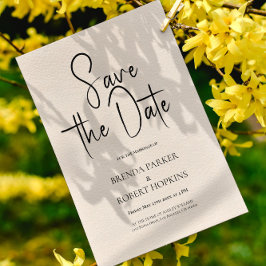 ベージュのリネン シンプル ブラック スクリプト セーブ・ザ・デート 招待状