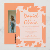 ベージュのレトロな花柄と写真の結婚式招待状 招待状 (正面/裏面)