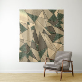 ベージュの三角形の切り抜きが「濃い緑色の背景」にある タペストリー