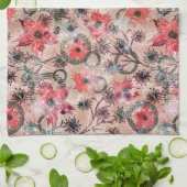 ベージュの上に赤い水色の花。 キッチンタオル (折り畳み)