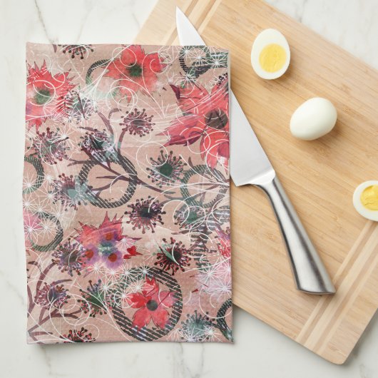 ベージュの上に赤い水色の花。 キッチンタオル (四つ折り)