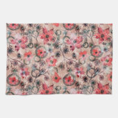 ベージュの上に赤い水色の花。 キッチンタオル (横)