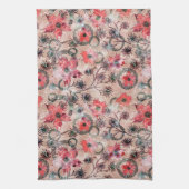 ベージュの上に赤い水色の花。 キッチンタオル (縦)