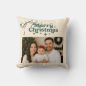 ベージュの写真に緑のリボン、手描きのクリスマス クッション (正面)