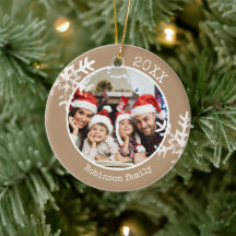 ベージュの家族写真スノーフレーククリスマスオーナメント