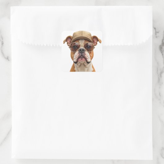 ベージュの帽子をかぶったブルドッグ スクエアシール (バッグ)