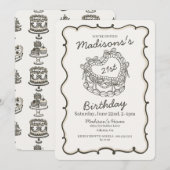 ベージュの弓リボン付きレトロハートコケッタケーキ 21歳の誕生日 招待状 (正面/裏面)