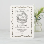 ベージュの弓リボン付きレトロハートコケッタケーキ 21歳の誕生日 招待状 (スタンド正面)