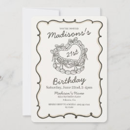 ベージュの弓リボン付きレトロハートコケッタケーキ 21歳の誕生日 招待状