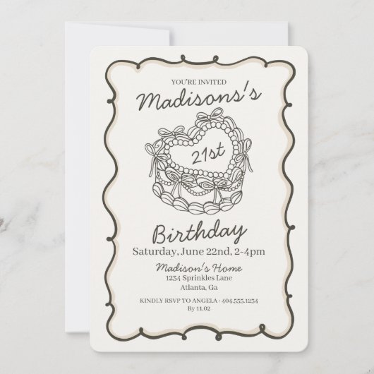 ベージュの弓リボン付きレトロハートコケッタケーキ 21歳の誕生日 招待状 (正面)