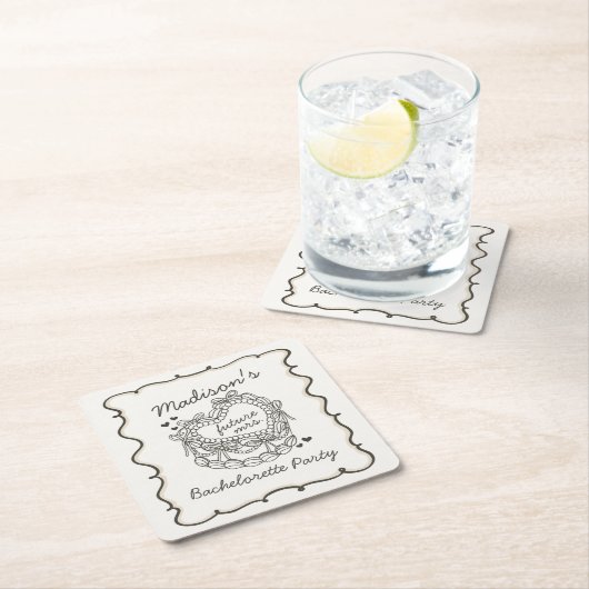 ベージュの弓リボン付きレトロハートコケッテケーキ ブライズシャワー スクエアペーパーコースター (インサイチュ)