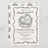 ベージュの弓リボン付きレトロハートコケッテケーキ ブライズシャワー 招待状 (正面/裏面)