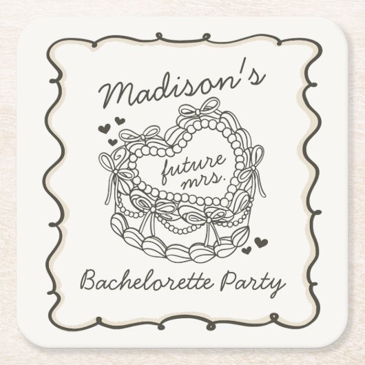 ベージュの弓リボン付きレトロハート コケッタケーキ ブライズシャワー スクエアペーパーコースター (正面)