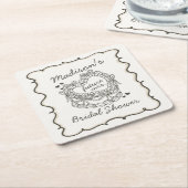 ベージュの弓リボン付きレトロハート コケッタケーキ ブライダルシャワー スクエアペーパーコースター (アングル)