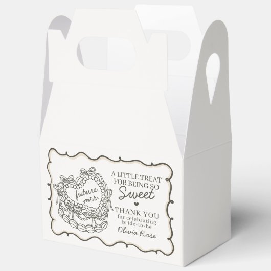 ベージュの弓リボン付きレトロハート コケッタケーキ ブライダルシャワー フェイバーボックス (見開き)