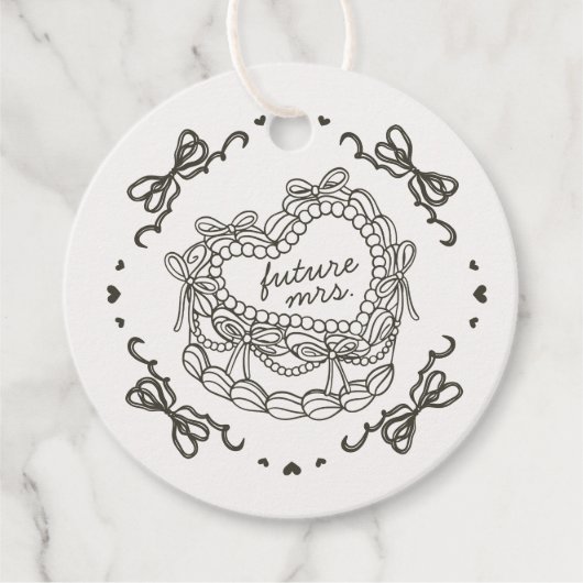 ベージュの弓リボン付きレトロハート コケッタ ケーキ ブライダルシャワー フェイバータグ (正面)