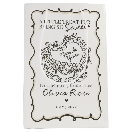 ベージュの弓リボン付きレトロハート コケッタ ケーキ ブライダルシャワー ミディアムペーパーバッグ (正面)