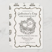 ベージュの弓リボン付レトロハート型コケッティケーキ ガレンティン 招待状 (正面/裏面)