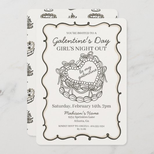 ベージュの弓リボン付レトロハート型コケッティケーキ ガレンティン 招待状 (正面/裏面)