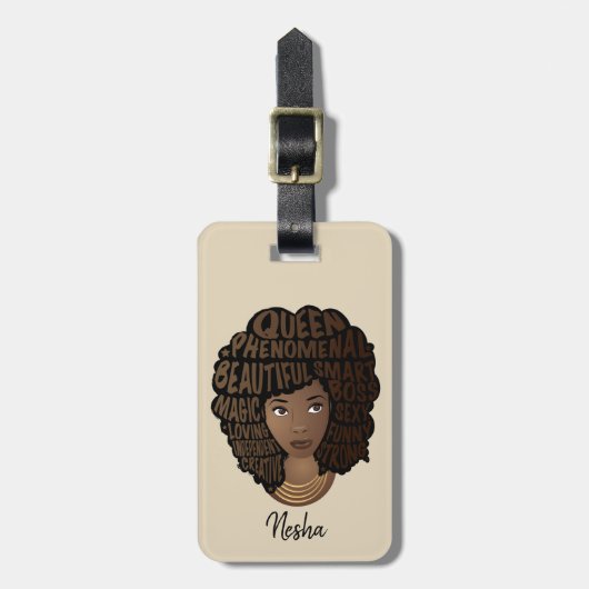 ベージュの旅楽しむ路に黒人女性を励ます ラゲッジタグ (正面縦)