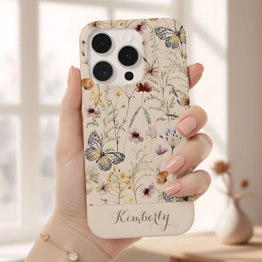 ベージュの水彩野の花パターン名  iPhoneケース