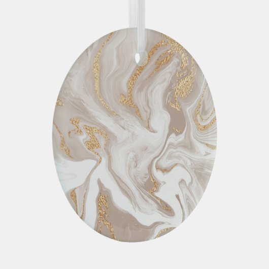 ベージュの液体大理石、金ゴールドラインアート。 ガラスオーナメント (正面右)