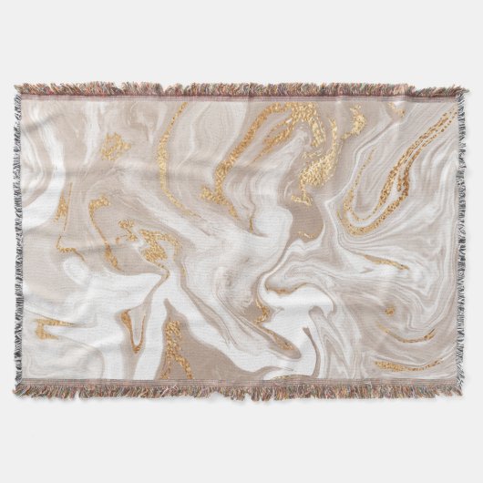 ベージュの液体大理石、金ゴールドラインアート。 スローブランケット (正面)