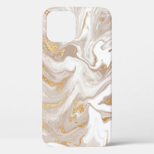 ベージュの液体大理石、金ゴールドラインアート。 iPhone 12ケース