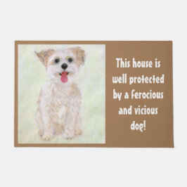 ベージュの玄関マットにいる面白い番犬モーキーの絵 ドアマット