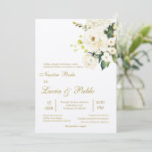 ベージュの白いバラのウェディング招待状（スペイン語） 招待状 (スタンド正面)