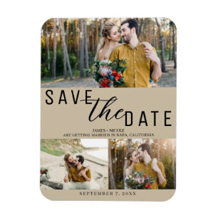 ベージュの結婚式Save the Date 3枚の写真 マグネット