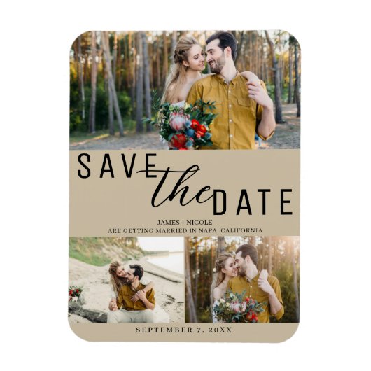 ベージュの結婚式Save the Date 3枚の写真 マグネット (縦)