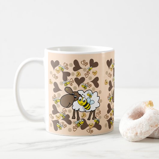 ベージュの羊の茶色いハートマグ コーヒーマグカップ (ドーナツ)