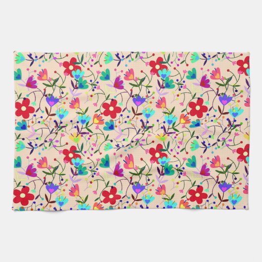 ベージュの背カラフル面花の模様 キッチンタオル (横)
