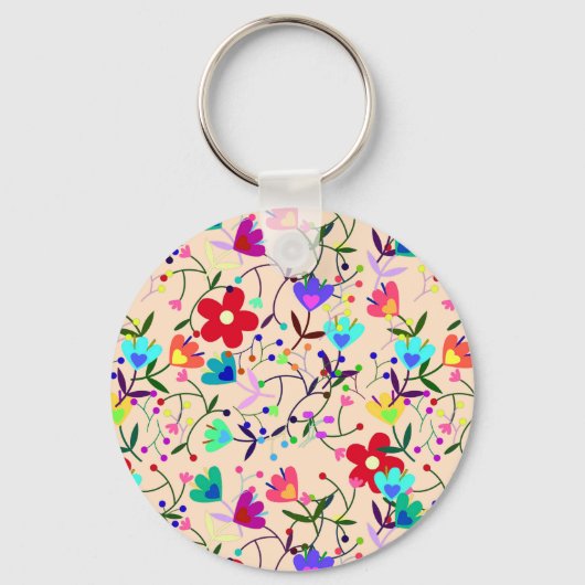 ベージュの背カラフル面花の模様 キーホルダー (正面)
