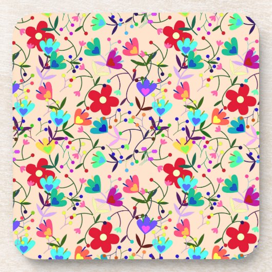 ベージュの背カラフル面花の模様 コースター (正面)