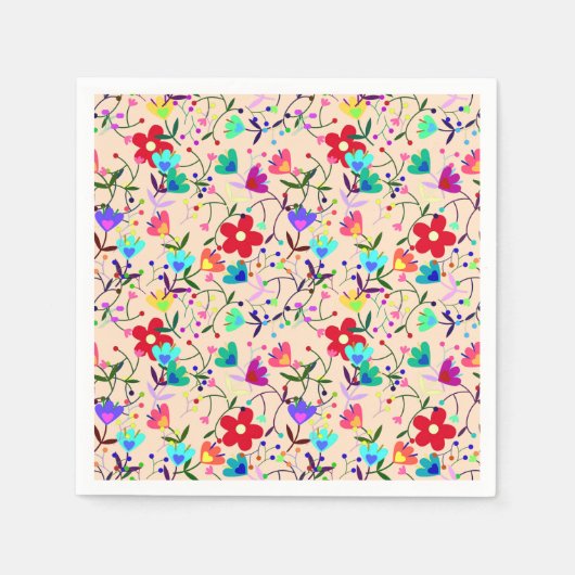 ベージュの背カラフル面花の模様 スタンダードカクテルナプキン (正面)