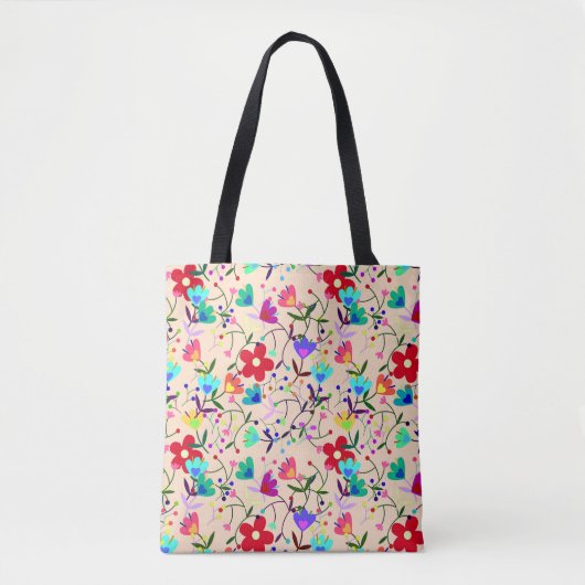 ベージュの背カラフル面花の模様 トートバッグ (正面)
