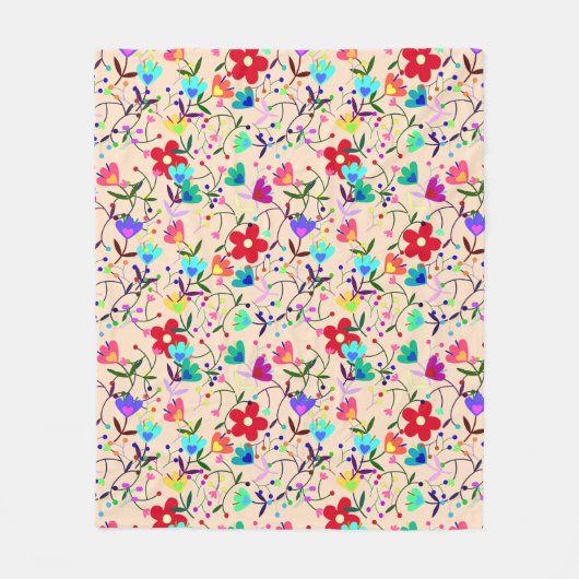 ベージュの背カラフル面花の模様 フリースブランケット (正面)