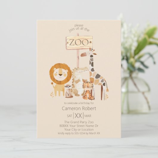 ベージュの背景にキュートな動物園の動物たち 招待状 (スタンド正面)