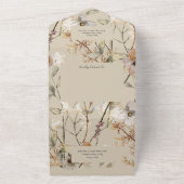 ベージュの背景にワイルドフラワー。QRコード付き オールインワン招待状 (外側)