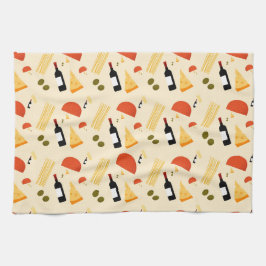 ベージュの背景にワインチーズパスタとオリーブ キッチンタオル