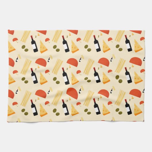 ベージュの背景にワインチーズパスタとオリーブ キッチンタオル (横)