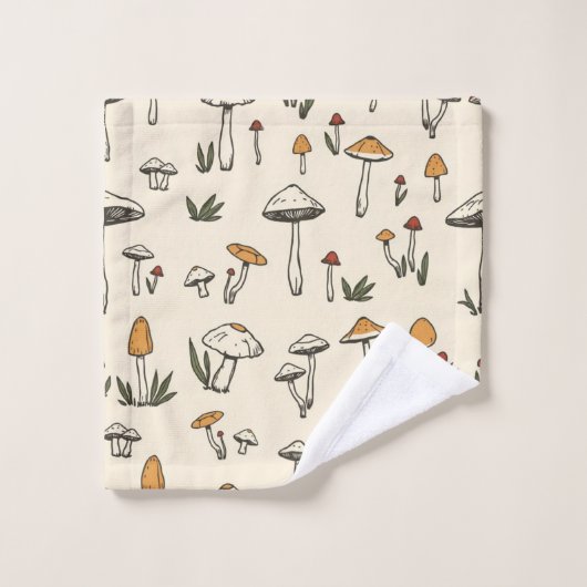 ベージュの背景に小さな森のキノコ バスタオルセット (ウォッシュタオル)