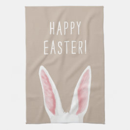 ベージュの背景に水彩の白いウサギの耳 Happy Easter キッチンタオル