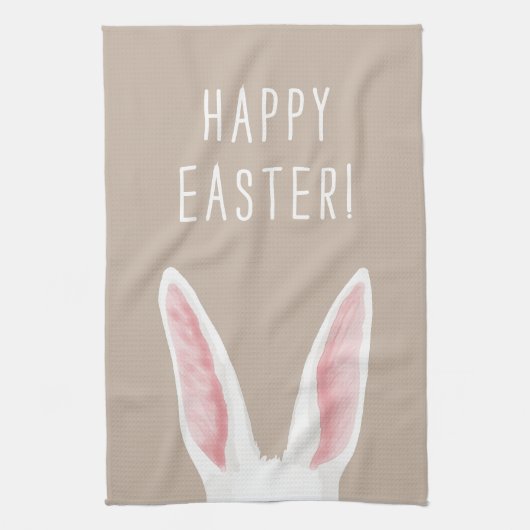 ベージュの背景に水彩の白いウサギの耳 Happy Easter キッチンタオル (縦)