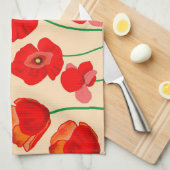 ベージュの背景に赤いポピーの花畑 キッチンタオル (四つ折り)