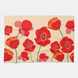 ベージュの背景に赤いポピーの花畑 キッチンタオル
